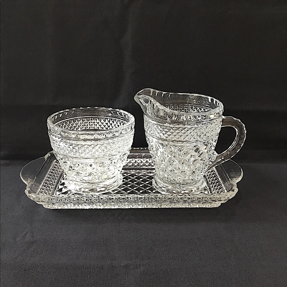 Vintage sugar bowl and creamer with tray